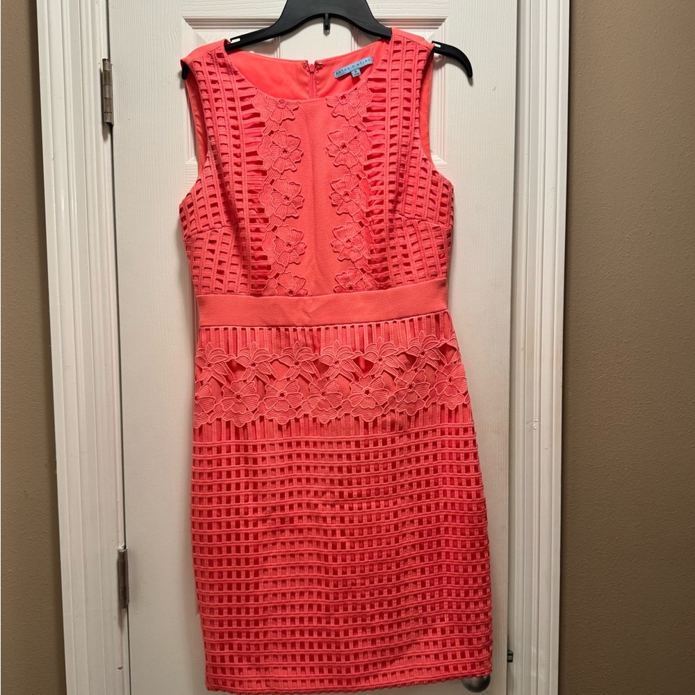 Sleeveless Coral Lace-Trim Sheath Dress